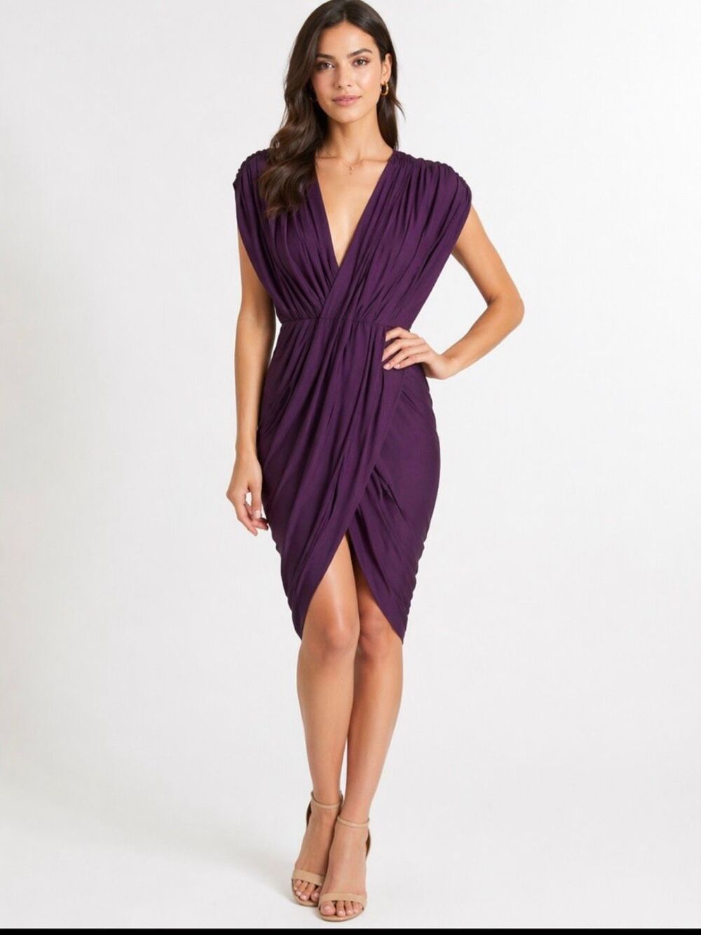 3.1 Phillip Lim Plum Purple Silk Blend Draped Ruched V Neck Midi Dress M